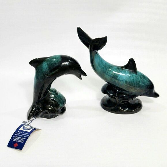 2 Vintage Blue Mountain Pottery Big Dolphin Figures Retro Home Decor - Picture 1 of 10